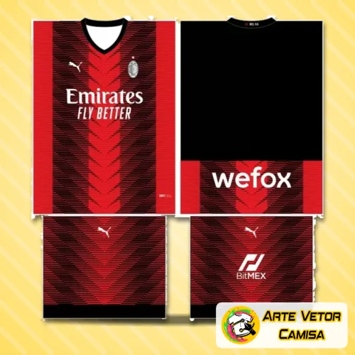 Camisa do AC Milan com logo no peito e estampa grande nas costas exibindo design moderno e exclusivo, capturando a essência do futebol e a paixão pelo clube de forma vibrante e elegante.