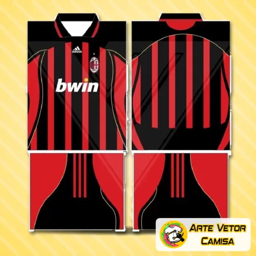 Camisa do AC Milan com logo no peito e estampa grande nas costas exibindo design moderno e elegante, combinando tradição e inovação em um visual impactante para torcedores e fãs.