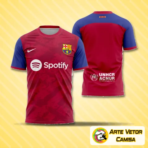 Camisa conceito do Barcelona FC 2024 exibindo o logo no peito e uma estampa grande nas costas com design moderno e vibrante, perfeita para fãs que valorizam estilo e autenticidade.