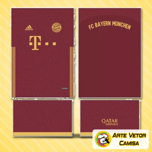 Imagem da camisa final do Bayern München com logo no peito e estampa grande nas costas destacando o conceito de 2024 em cores vibrantes e design moderno.
