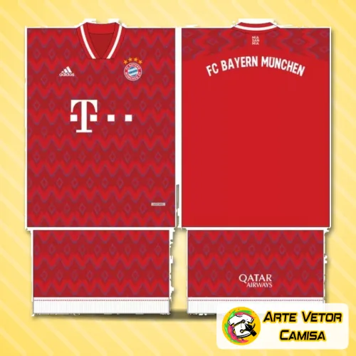 Foto da camisa com logo no peito em destaque e estampa grande nas costas, criando um visual moderno e vibrante inspirado no Bayern München de 2024.