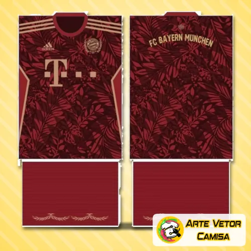 Imagem da camisa com logo no peito em destaque e uma estampa grande nas costas, mostrando um design moderno e arrojado inspirado no Bayern München para 2024.