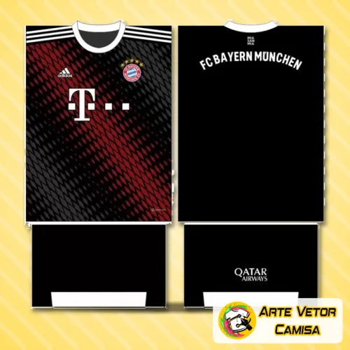 Imagem da camisa Bayern München com logo no peito e estampa grande nas costas destacando um design moderno e vibrante, ideal para fãs de futebol que buscam estilo e personalidade.
