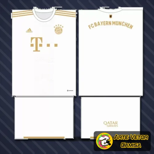 Foto da camisa com logo no peito e estampa grande nas costas, exibindo design moderno inspirado no Bayern München, estilo conceitual para 2024, com cores vibrantes e detalhes marcantes que destacam o visual esportivo.