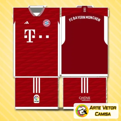 Imagem da camisa Bayern München com logo no peito destacado e estampa grande nas costas em cores vibrantes, mostrando design moderno e detalhado inspirado no clube.