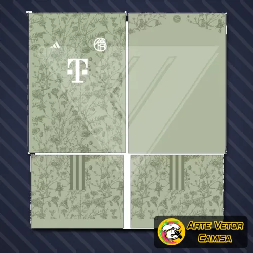 Imagem da camisa final com logo no peito e estampa grande nas costas, destacando o design moderno e cores vibrantes referenciando o Bayern München 2024.