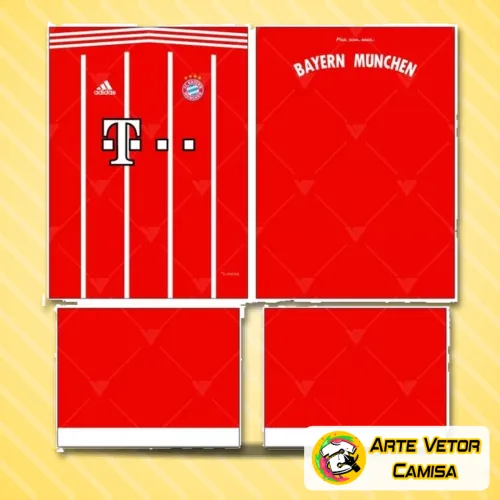 Imagem da camisa com logo no peito e estampa grande nas costas em design moderno do Bayern München, destacando detalhes vibrantes e moderno estilo esportivo.