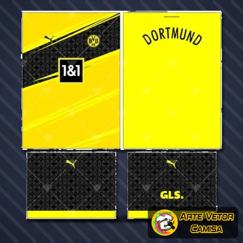 Camisa do Borussia Dortmund com logo no peito e estampa grande nas costas, apresentando design moderno e vibrante em cores amarelo e preto que destacam a identidade do time de forma marcante.