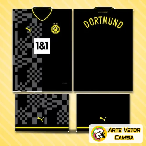Imagem da camisa com logo no peito e uma estampa grande nas costas que destaca cores vibrantes e design moderno inspirado no Borussia Dortmund