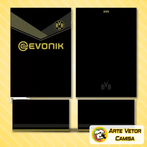 Camisa com logo no peito do Borussia Dortmund e estampa grande nas costas, destacando design moderno e detalhes vibrantes representando o estilo do time em 2021.