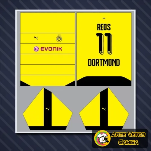 Camisa com design moderno do Borussia Dortmund, exibindo o logo no peito e uma estampa grande nas costas que destaca elementos icônicos do clube com cores vibrantes e estilo único
