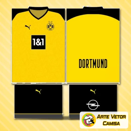 Camisa com logo no peito e estampa grande nas costas, destacando as cores características do Borussia Dortmund e design moderno que expressa paixão pelo futebol.