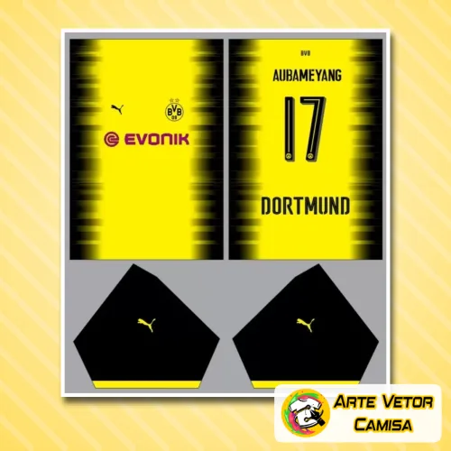 Imagem da camisa com logo no peito e estampa grande nas costas, com design moderno inspirado no Borussia Dortmund, destacando as cores e símbolos do time de forma vibrante e detalhada.