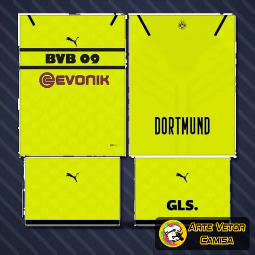 Imagem de camisa com logo no peito e estampa grande nas costas inspirada no design do Borussia Dortmund, com cores marcantes e detalhes modernos que destacam o visual esportivo e vibrante.