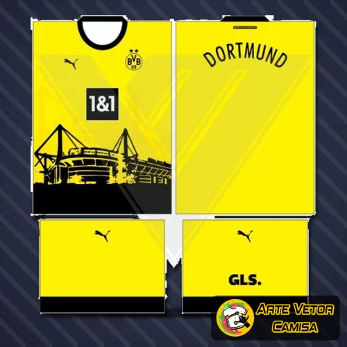 Camisa final com logo no peito e estampa grande nas costas destacando a identidade única do Borussia Dortmund em design moderno e vibrante.
