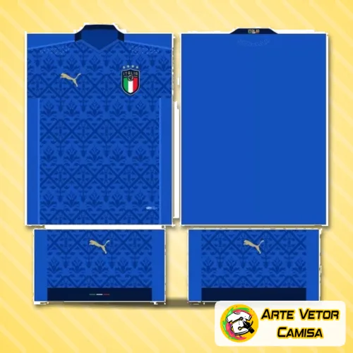 Camisa estilo moderno com logo da Itália no peito e estampa grande e vibrante nas costas, destacando as cores tradicionais e símbolos italianos em design arrojado e contemporâneo.