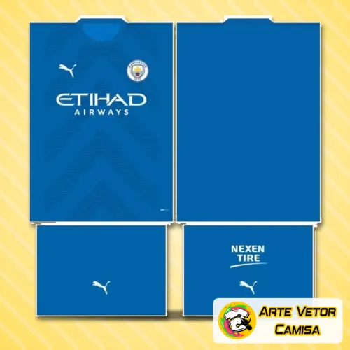 Camisa Manchester City com logo no peito e estampa grande nas costas em design moderno nas cores azul e branco destacando estilo esportivo e elegante.
