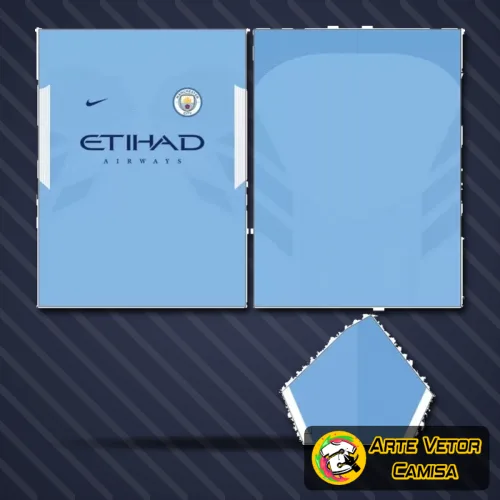 Camisa com logo no peito e estampa grande nas costas, em cores vibrantes, destacando o design moderno e elegante inspirado no Manchester City na edição de 2024.