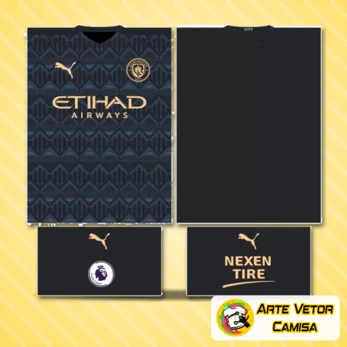 Foto de camisa do Manchester City com logo no peito e estampa grande nas costas exibindo design conceito 2024 em cores vibrantes e detalhe moderno.