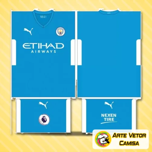Foto da camisa com logo no peito e estampa grande nas costas, exibindo um design moderno e elegante inspirado no Manchester City, perfeito para fãs que buscam estilo e autenticidade nas cores do clube.