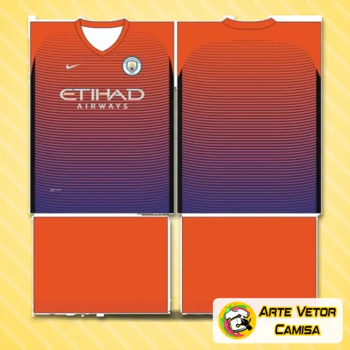 Camisa Manchester City com logo no peito e estampa grande nas costas, destacando design moderno e estilizado que celebra o conceito para 2024, perfeita para fãs e colecionadores.
