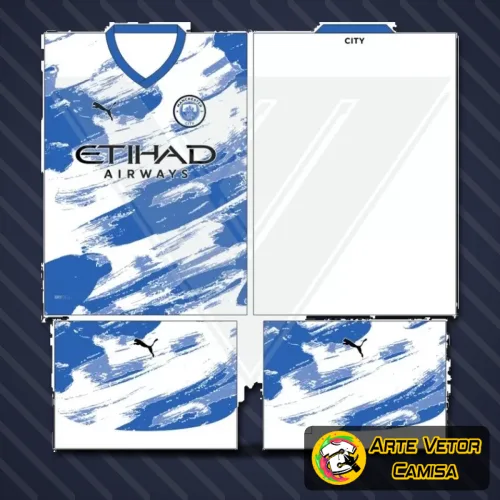 Imagem da camisa Manchester City com logo no peito e estampa grande nas costas em design moderno e elegante, destacando as cores clássicas do time em composição harmoniosa e visual impactante.
