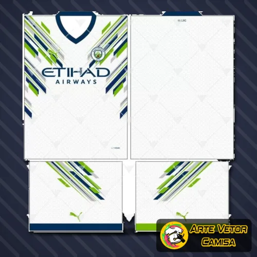 Camisa com logo no peito e estampa grande nas costas, exibindo design moderno e exclusivo inspirado no Manchester City 2024, com cores vibrantes e detalhes autênticos que destacam o espírito do futebol.