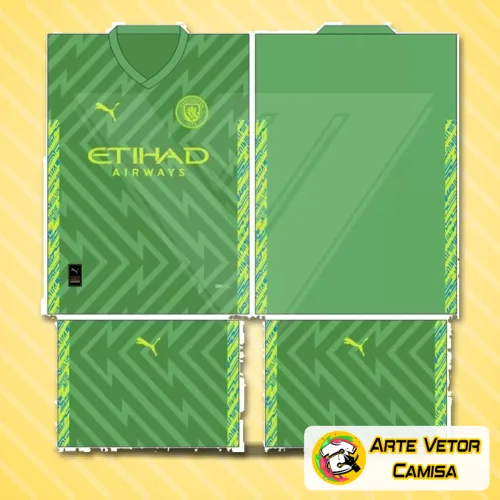 Camisa do Manchester City com logo no peito e estampa grande nas costas em design moderno e detalhado, apresentando cores vibrantes e estilo contemporâneo que destaca a equipe de 2024.