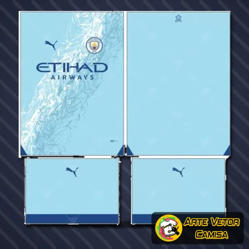 Camisa com logo no peito em destaque e estampa grande nas costas, apresentando design moderno inspirado no Manchester City 2024, com cores vibrantes e estilo atual que valoriza o visual esportivo e urbano