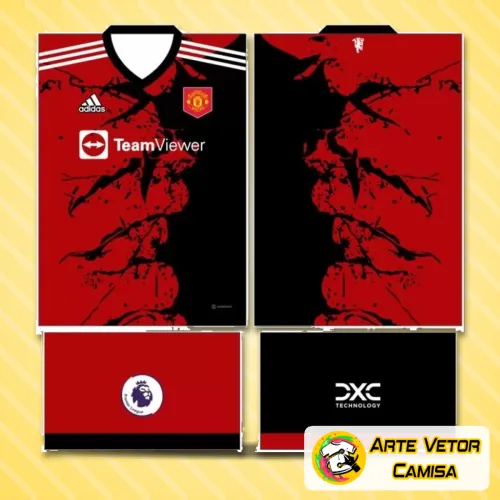 Camisa final com logo no peito e estampa grande nas costas, destacando o design inovador inspirado no Manchester United 2024, com cores vibrantes e detalhes modernos que valorizam cada detalhe do uniforme.
