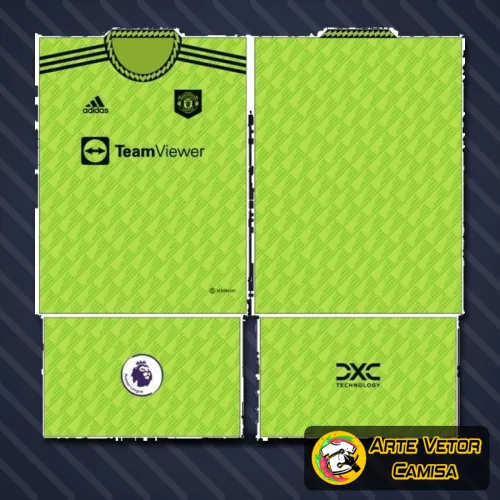 Camisa estilizada do Manchester United com logo no peito e estampa grande nas costas, destacando cores vibrantes e design moderno.