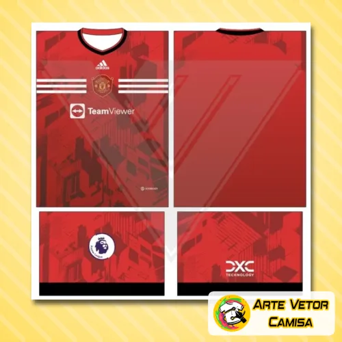 Imagem da camisa com logo no peito e uma estampa grande nas costas inspirada no Manchester United, apresentando um design moderno e detalhado em cores vibrantes.