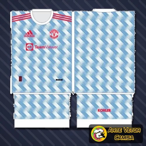 Camisa estilizada Manchester United com logo no peito e estampa grande nas costas em cores vibrantes, mostrando modernidade e design inovador para fãs do clube em 2024.