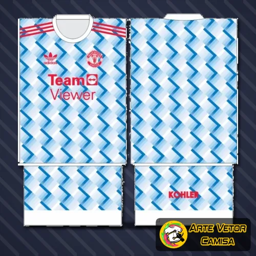 Foto da camisa final Manchester United com logo no peito visível e estampa grande nas costas, mostrando design moderno e vibrante em destaque.