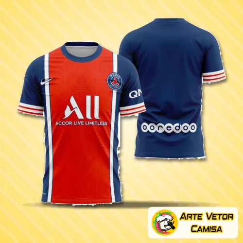 Imagem de camisa com logo no peito e estampa grande nas costas, apresentando design moderno e estilizado inspirado no conceito PSG 2022, perfeita para quem busca estilo e autenticidade em uma peça marcante.