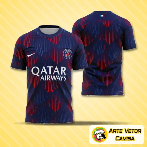 Imagem da camisa final com logo no peito e estampa grande nas costas que revela um design moderno e vibrante inspirado no PSG 2023.