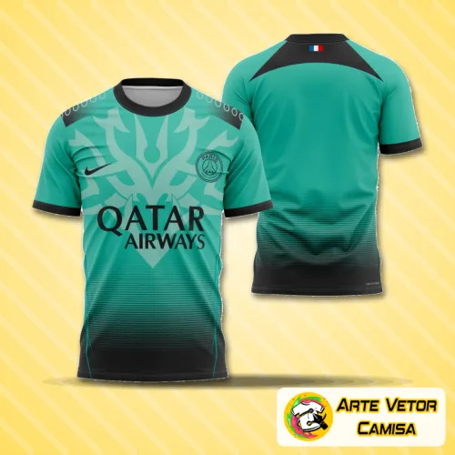 Camisa com logo no peito destacando o conceito do PSG 2023 e estampa grande nas costas que exibe design moderno e sofisticado, perfeita para amantes do estilo esportivo e urbano.