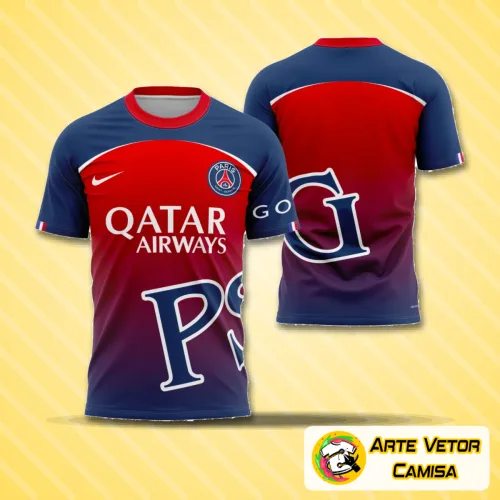 Camisa com logo no peito e estampa grande nas costas, apresentando design moderno e exclusivo inspirado no PSG 2023, com detalhes marcantes e acabamento vibrante para um visual autêntico e diferenciado.