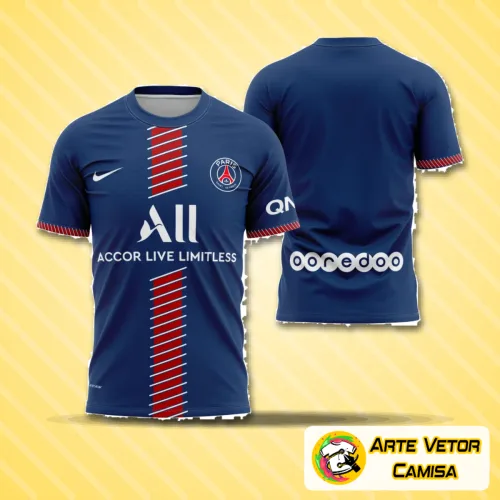 Camisa estilizada com logo no peito e estampa grande nas costas em design moderno, mostrando cores vibrantes e detalhes marcantes que destacam a inspiração na equipe PSG.