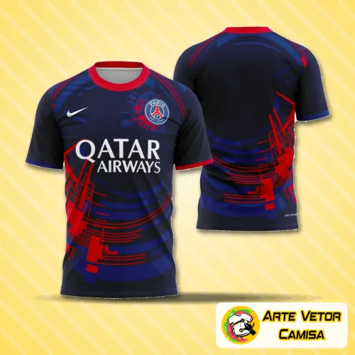 Camisa estilizada com logo no peito e estampa grande nas costas que traz uma fusão moderna e arrojada das cores tradicionais do PSG, destacando um design inovador e vibrante, perfeito para fãs do futebol.