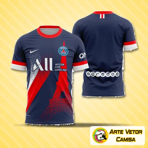 Camisa com logo no peito e estampa grande nas costas em design moderno e sofisticado, destacando a combinação de cores vibrantes que chamam atenção para o estilo único inspirado no PSG.
