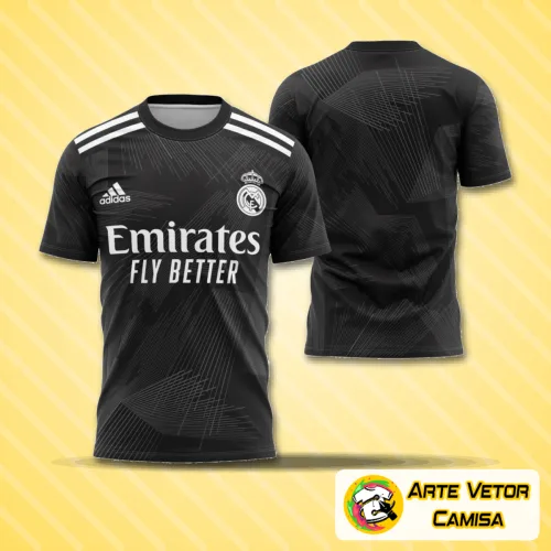 Camisa estilizada do Real Madrid 2023 com logo no peito e estampa grande nas costas exibindo um design moderno e vibrante que destaca a paixão pelo clube.