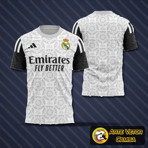 Camisa conceitual do Real Madrid com logo no peito e estampa grande nas costas, apresentando design moderno e detalhes sofisticados que destacam o espírito do clube.