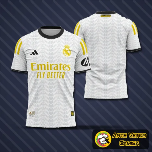 Foto da camisa conceito do Real Madrid com logo no peito e estampa grande nas costas em design moderno e elegante, apresentando cores e detalhes que ressaltam a identidade do clube espanhol.
