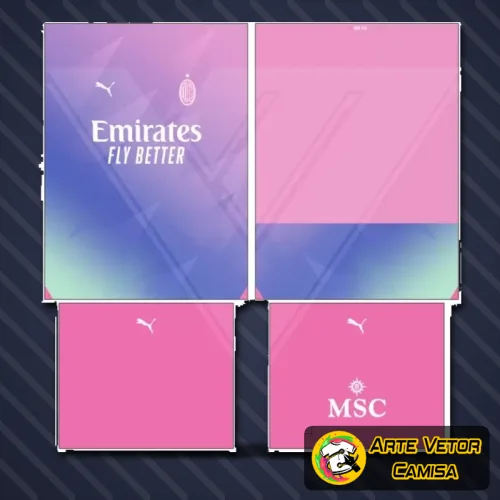 Camisa com logo no peito representando o AC Milan, destaque para uma estampa grande nas costas com design moderno e inspirado em 2024, apresentando cores vibrantes e estilo marcante.