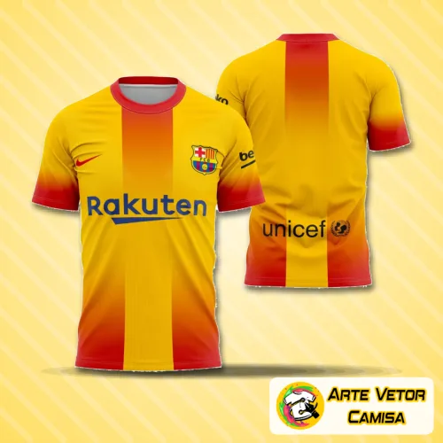 Camisa com logo no peito e estampa grande nas costas, destacando o design moderno e as cores vibrantes inspiradas em Barcelona 2020, perfeita para quem busca um estilo único e marcante.