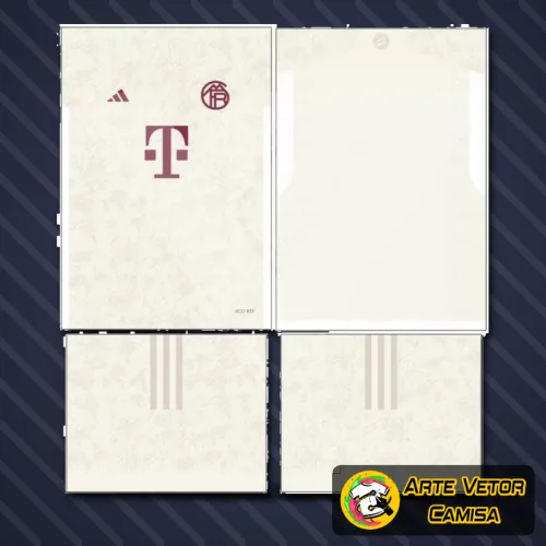 Foto da camisa final com logo no peito e estampa grande nas costas, apresentando design moderno e vibrante, inspirada no Bayern München versão 2024, destacando detalhes em vermelho e branco com estilo autêntico.