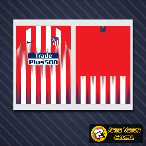 Camisa Atlético Madrid 2024 com logo no peito e uma estampa grande e detalhada nas costas, mostrando design moderno e vibrante, ideal para fãs apaixonados do clube.