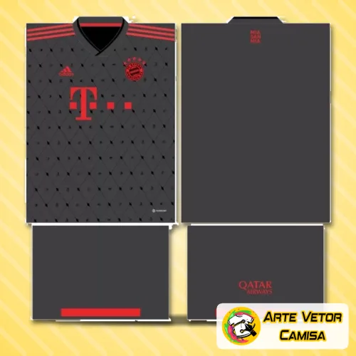 Camisa final do Bayern München exibindo logo no peito e grande estampa nas costas com design moderno e elegante em cores vibrantes que destacam o time com estilo marcante.