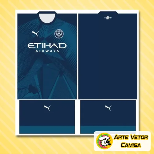 Imagem da camisa final com logo no peito e estampa grande nas costas que revela o conceito moderno do Manchester City para 2024, com cores vibrantes e design arrojado.